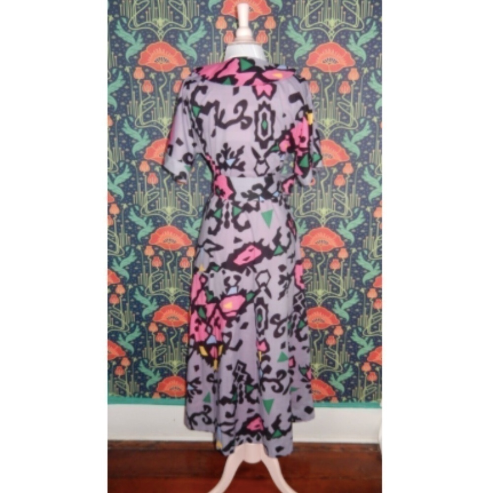 Buru Purple Pink Abstract Whimsical Print Cotton Peter Pan Collar Midi Dress - Picture 6 of 6